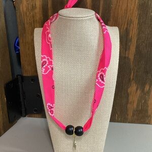 (#158) Handcrafted Hot Pink Bandana Necklace with Black Beads
